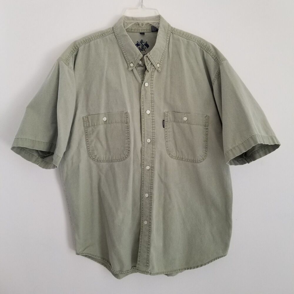 JG HOOK Shirt Mens Large Green Short Sleeve Button Down 100% Cotton